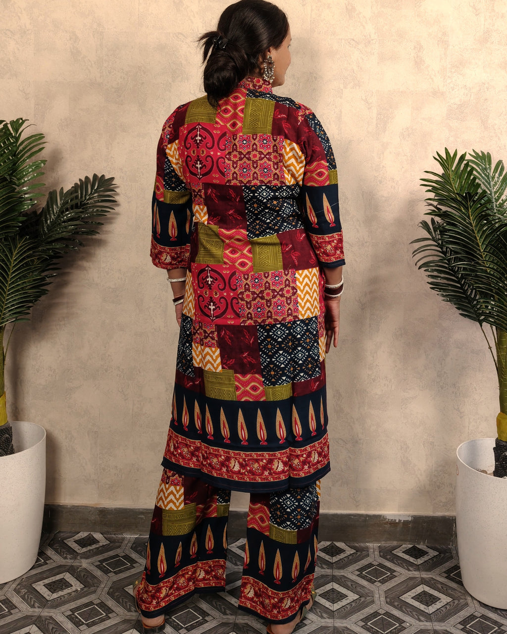 Multicolour Patchwork Print Rayon Long Kurta Pant Co-ord Set