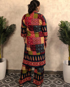 Multicolour Patchwork Print Rayon Long Kurta Pant Co-ord Set