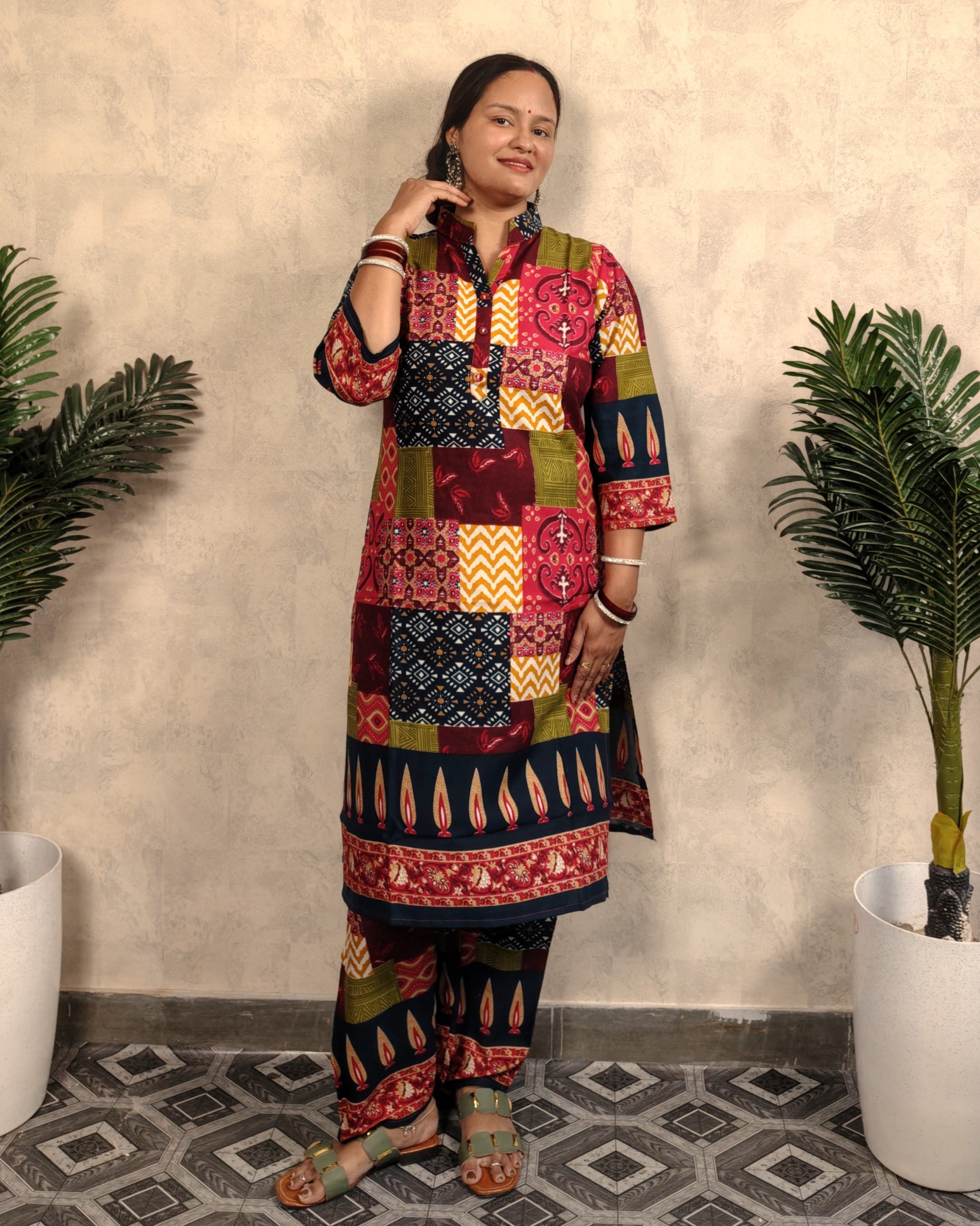 Multicolour Patchwork Print Rayon Long Kurta Pant Co-ord Set