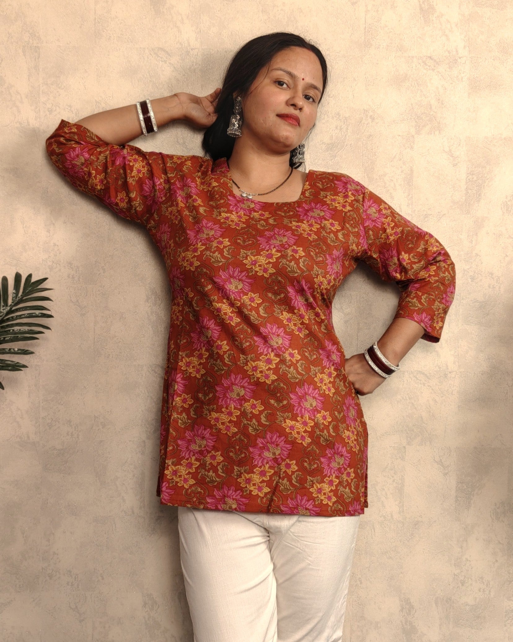 Rust Brown Lotus Floral Print Cotton Short Kurti