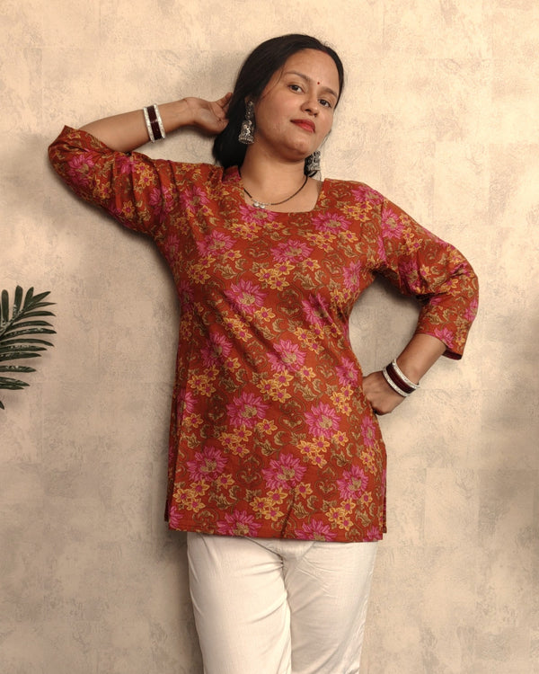 Rust Brown Lotus Floral Print Cotton Short Kurti