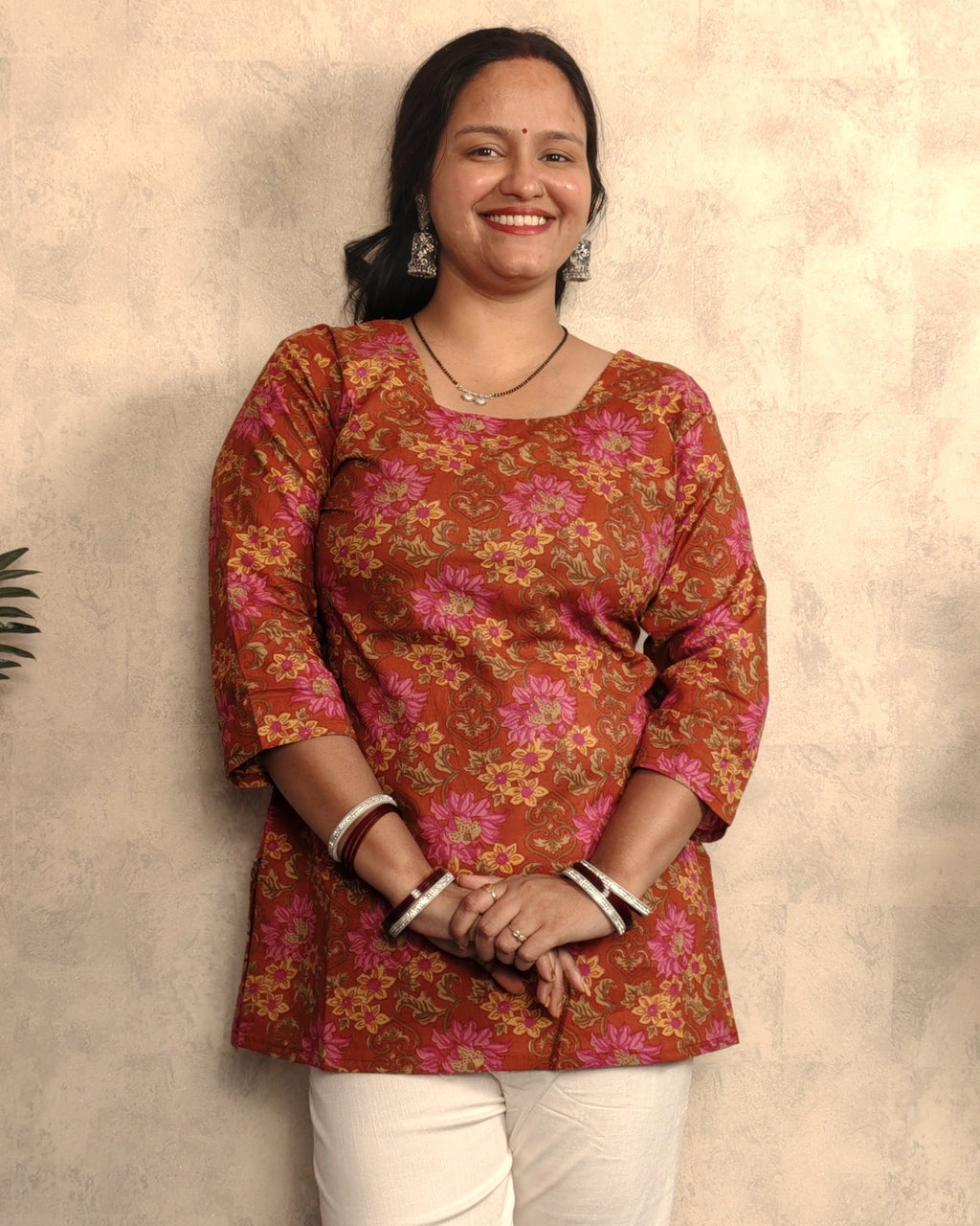 Rust Brown Lotus Floral Print Cotton Short Kurti
