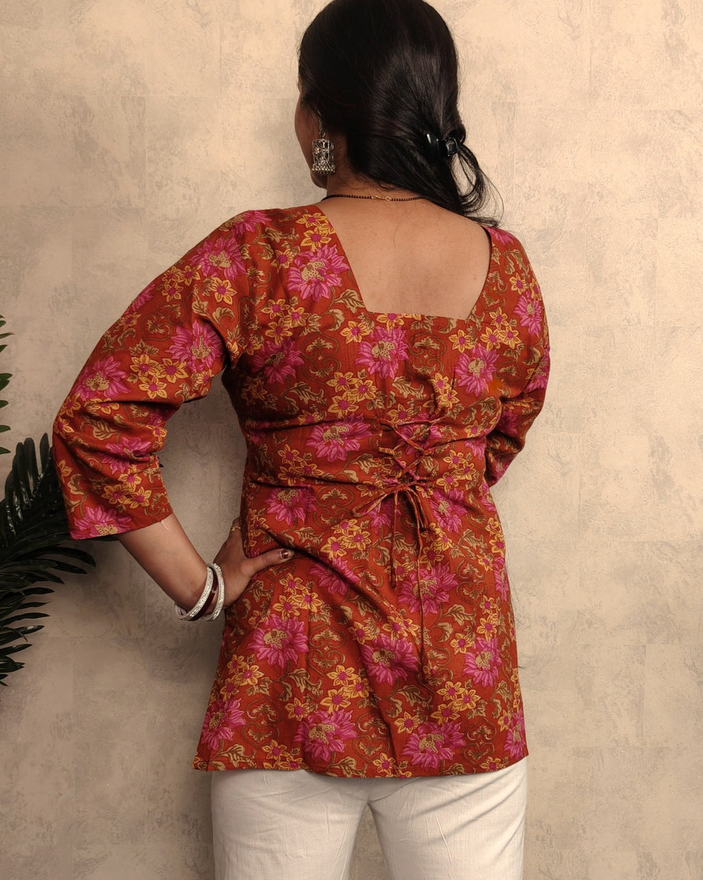 Rust Brown Lotus Floral Print Cotton Short Kurti
