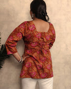 Rust Brown Lotus Floral Print Cotton Short Kurti
