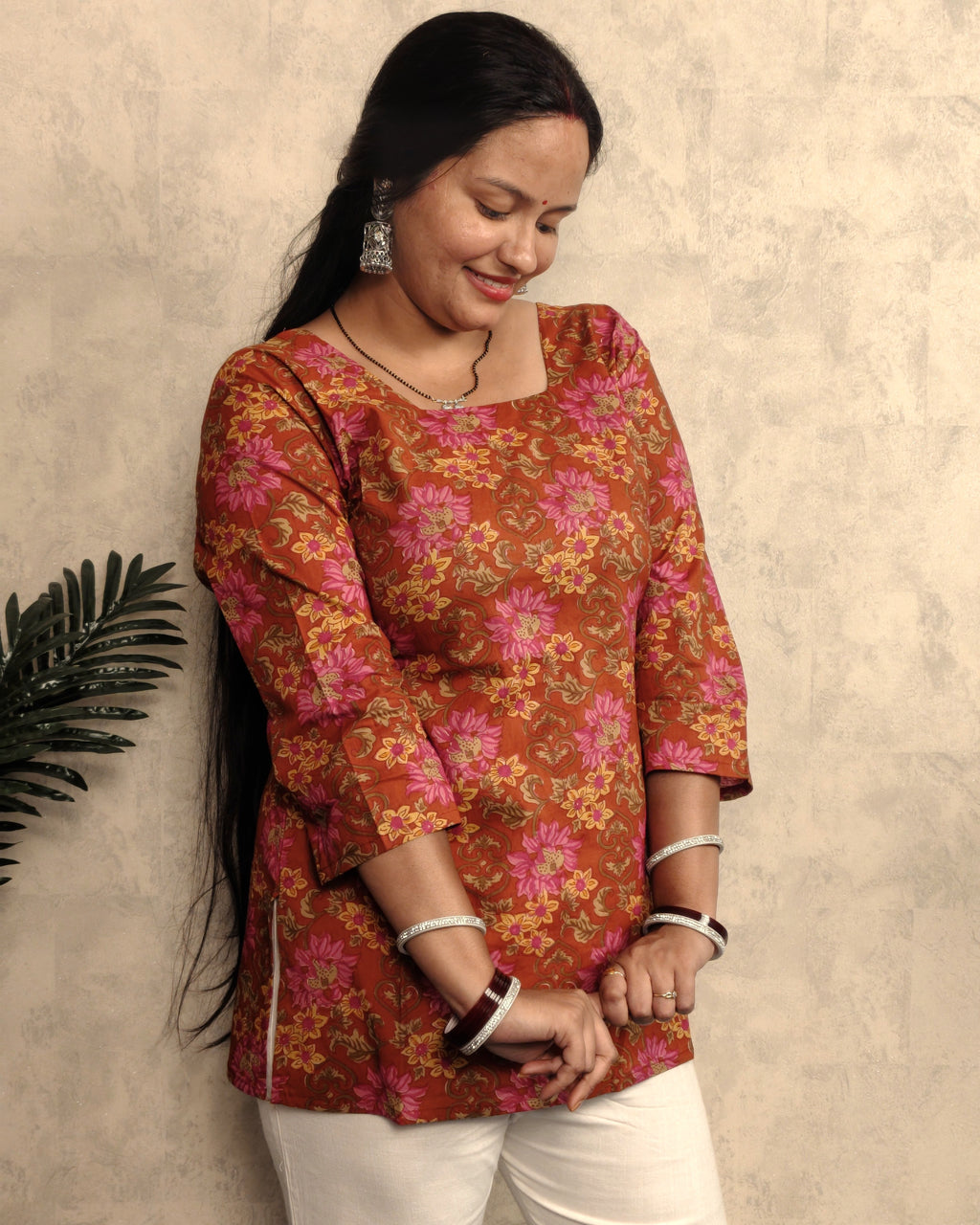 Rust Brown Lotus Floral Print Cotton Short Kurti