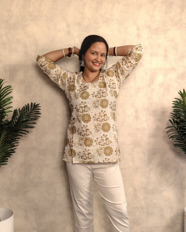Cream Olive Kalamkari Floral Print Cotton Short Kurti