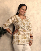 Cream Olive Kalamkari Floral Print Cotton Short Kurti