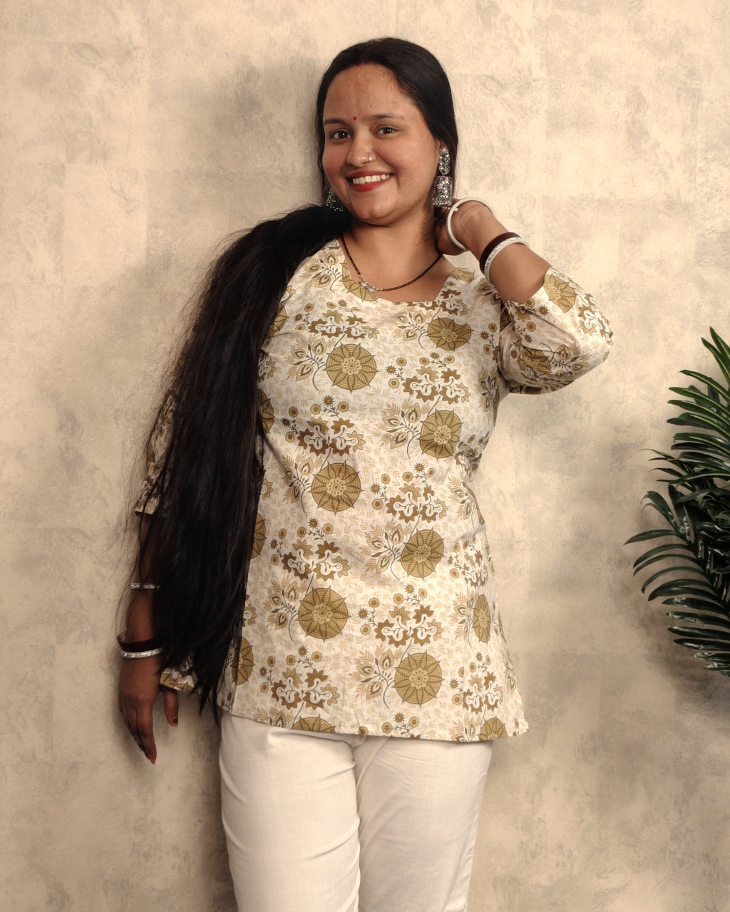 Cream Olive Kalamkari Floral Print Cotton Short Kurti