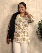 Cream Olive Kalamkari Floral Print Cotton Short Kurti