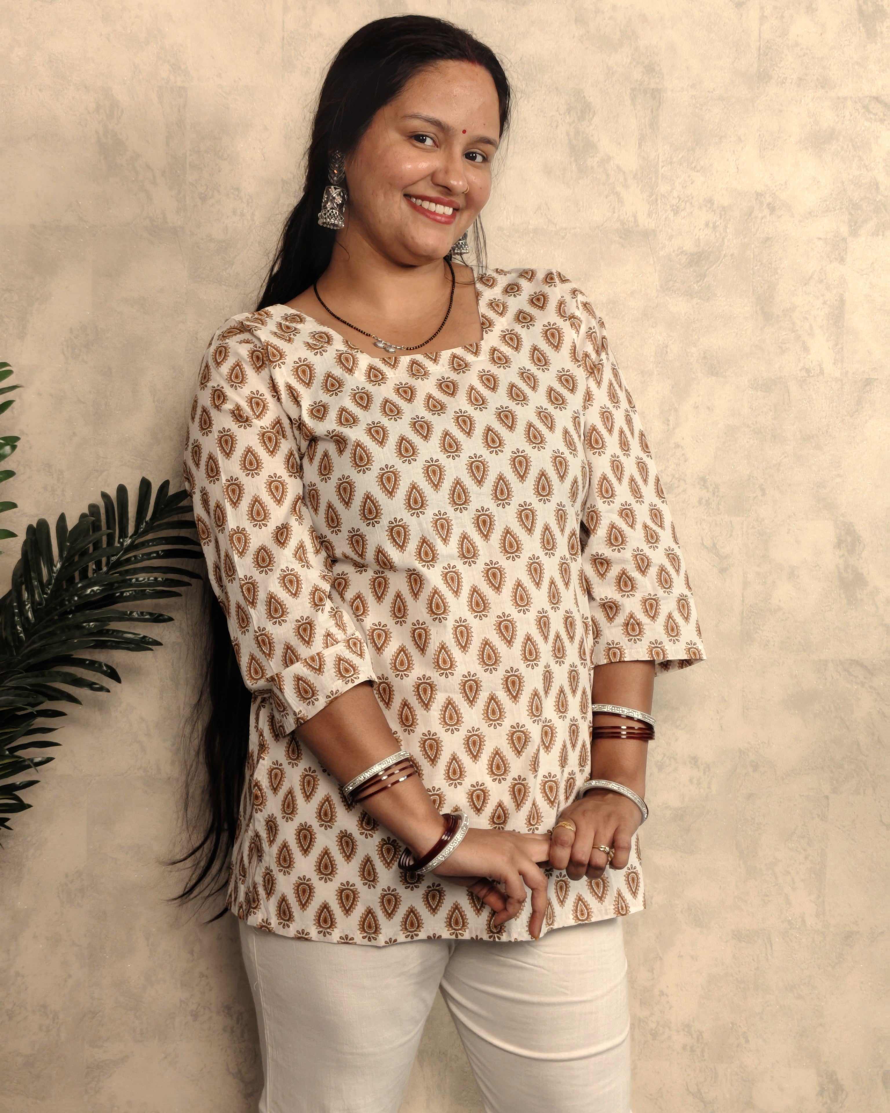 Off-White Paisley Booti Block Print Cotton Short Kurti