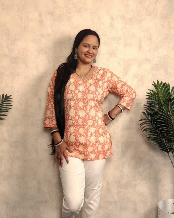 Coral Orange Peony Floral Block Print Cotton Short Kurti