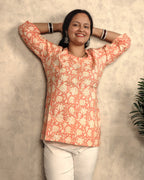 Coral Orange Peony Floral Block Print Cotton Short Kurti