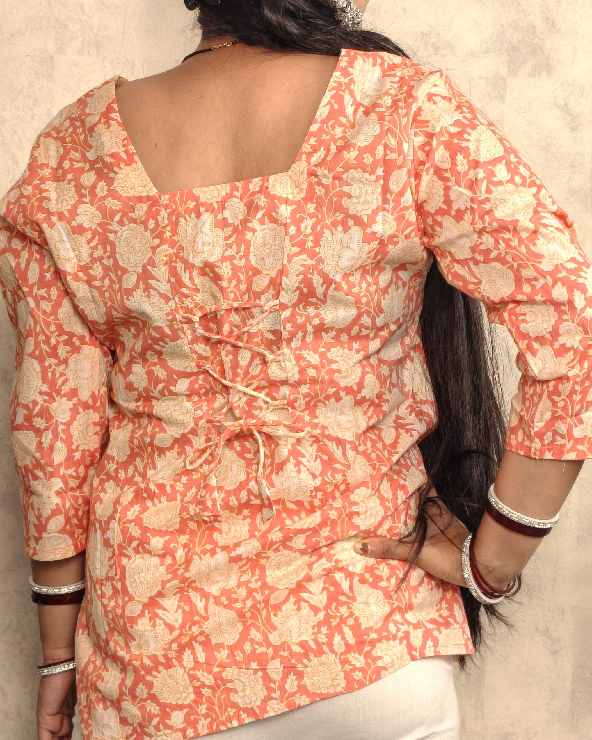 Coral Orange Peony Floral Block Print Cotton Short Kurti
