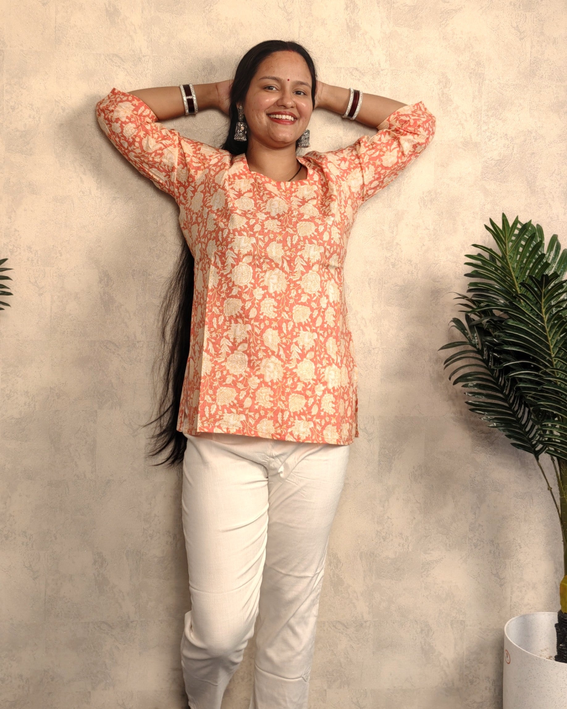 Coral Orange Peony Floral Block Print Cotton Short Kurti
