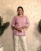 Pink Blue Sunflower Booti Block Print Cotton Short Kurti