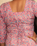 Pink Blue Sunflower Booti Block Print Cotton Short Kurti