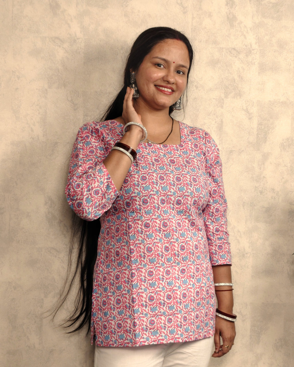 Pink Blue Sunflower Booti Block Print Cotton Short Kurti