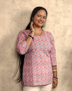Pink Blue Sunflower Booti Block Print Cotton Short Kurti