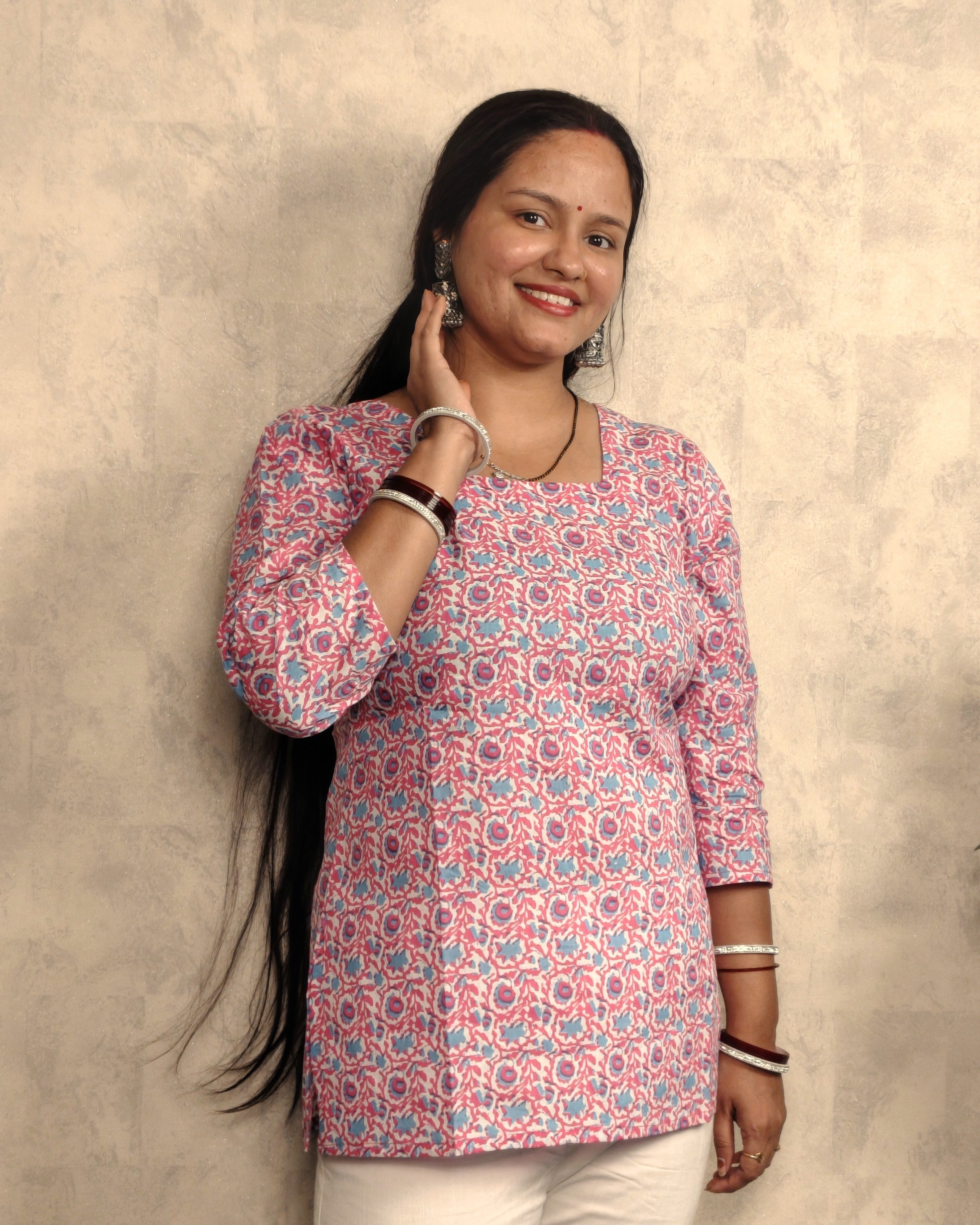 Pink Blue Sunflower Booti Block Print Cotton Short Kurti