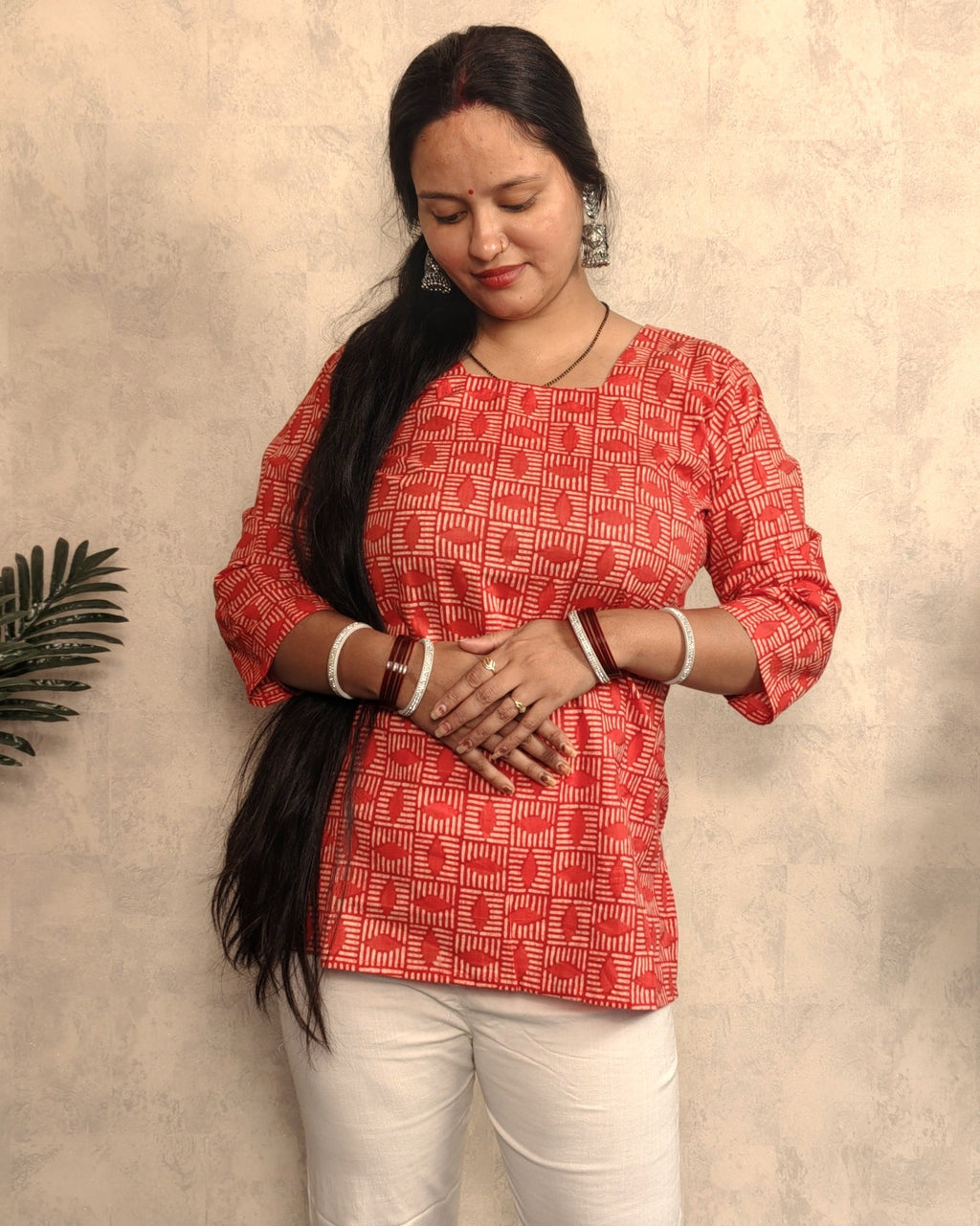 Red Geometric Checker Block Print Cotton Short Kurti