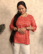 Red Geometric Checker Block Print Cotton Short Kurti