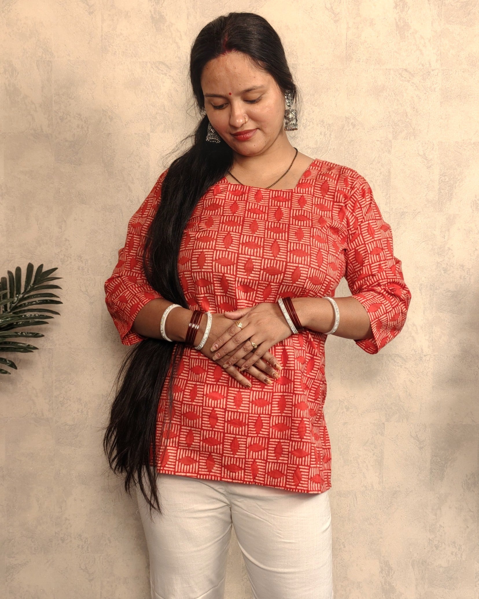 Red Geometric Checker Block Print Cotton Short Kurti