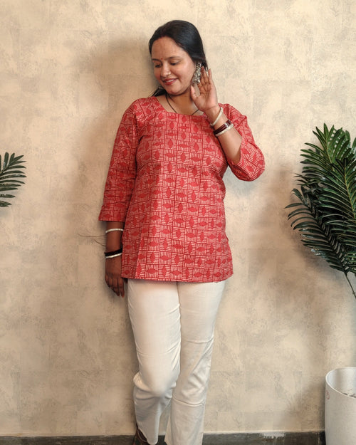 Red Geometric Checker Block Print Cotton Short Kurti