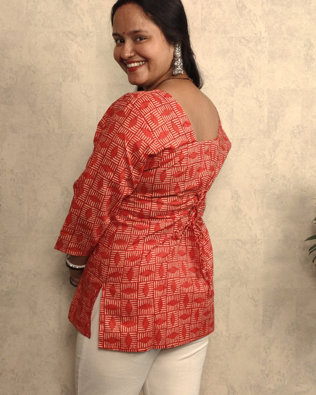 Red Geometric Checker Block Print Cotton Short Kurti