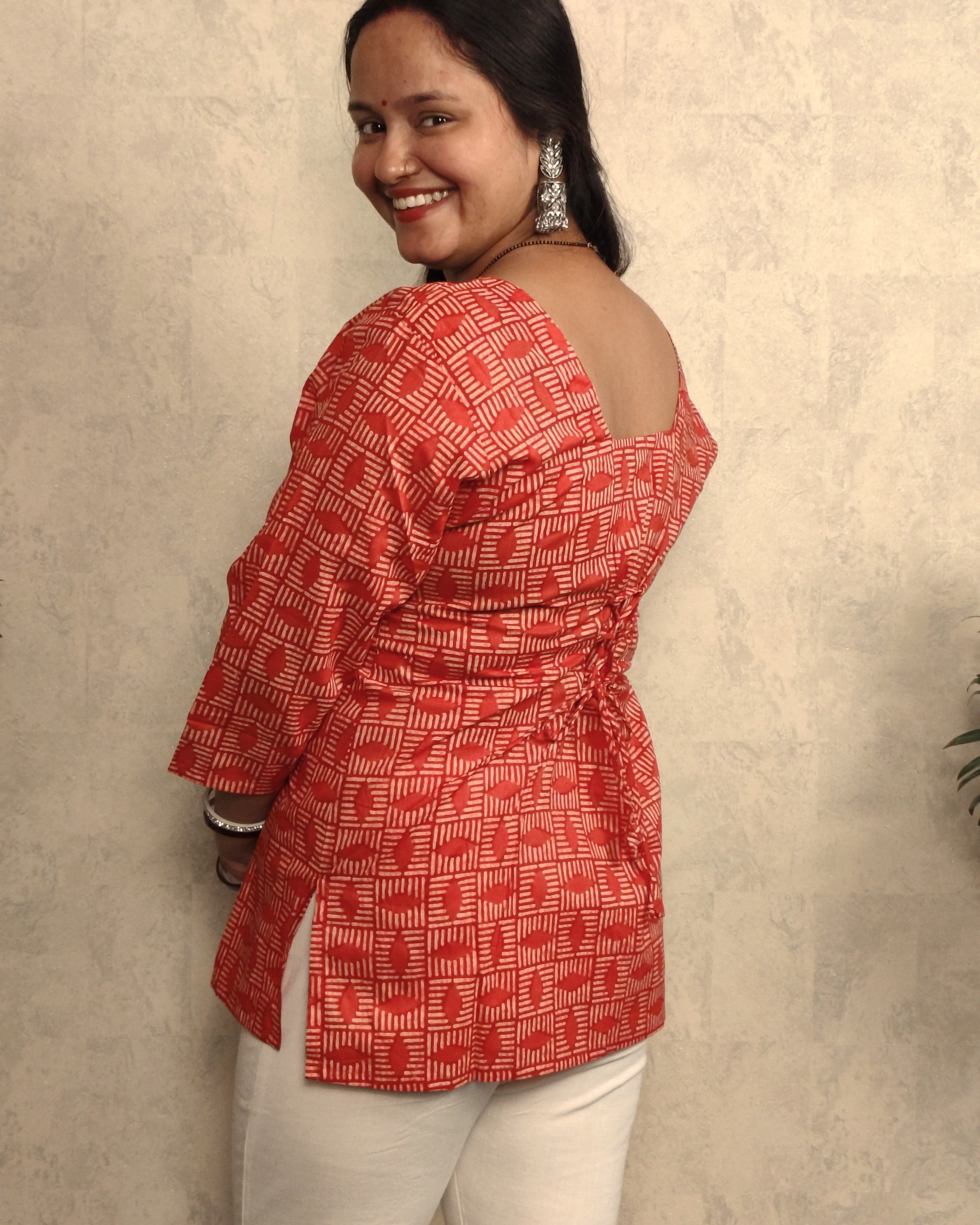 Red Geometric Checker Block Print Cotton Short Kurti