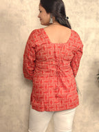 Red Geometric Checker Block Print Cotton Short Kurti