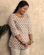 Ivory Mauve Paisley Block Print Cotton Short Kurti