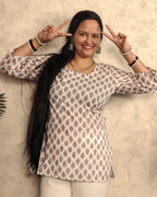 Ivory Mauve Paisley Block Print Cotton Short Kurti