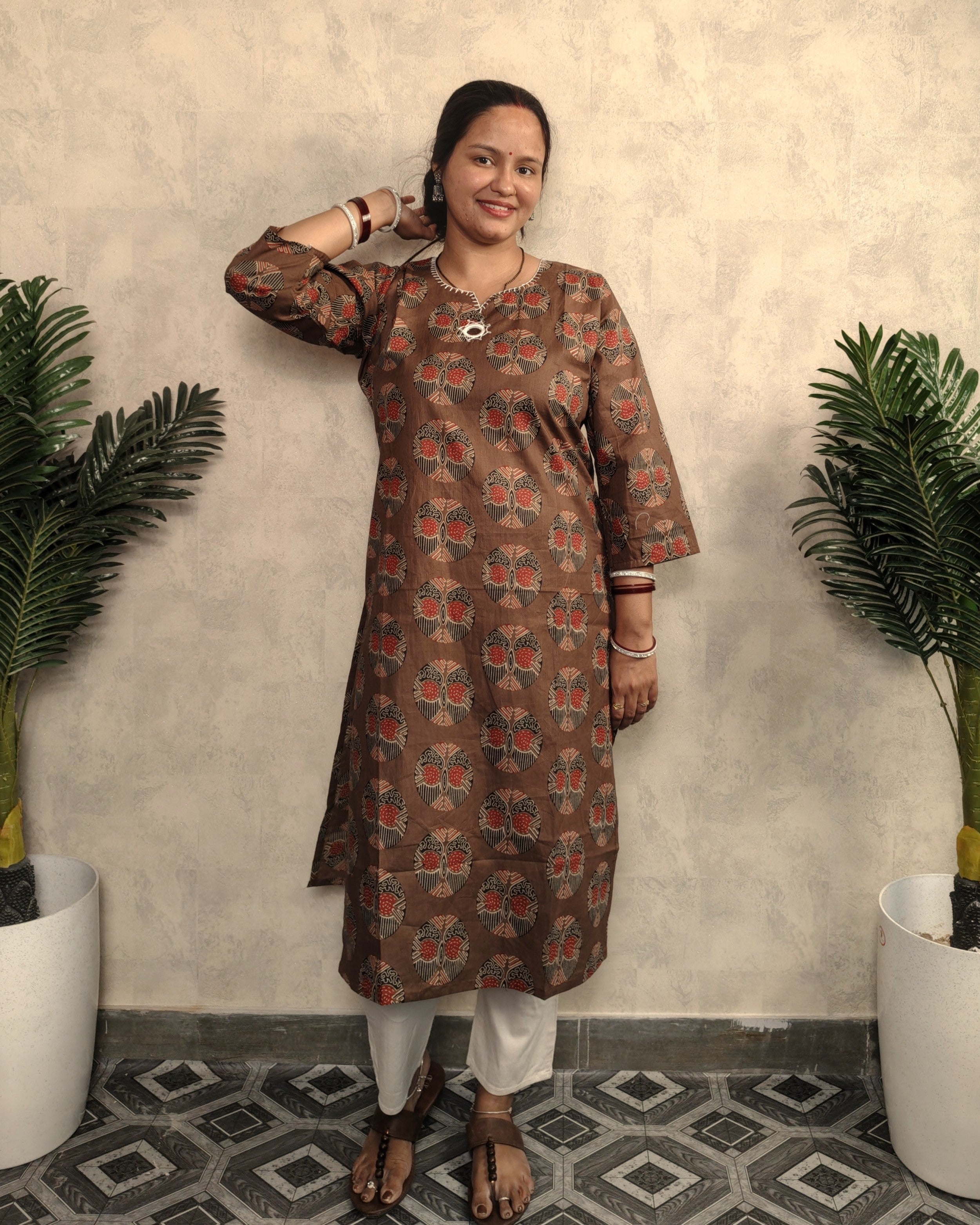 Walnut Brown Tree of Life Ajrakh Block Print Cotton Straight Kurta