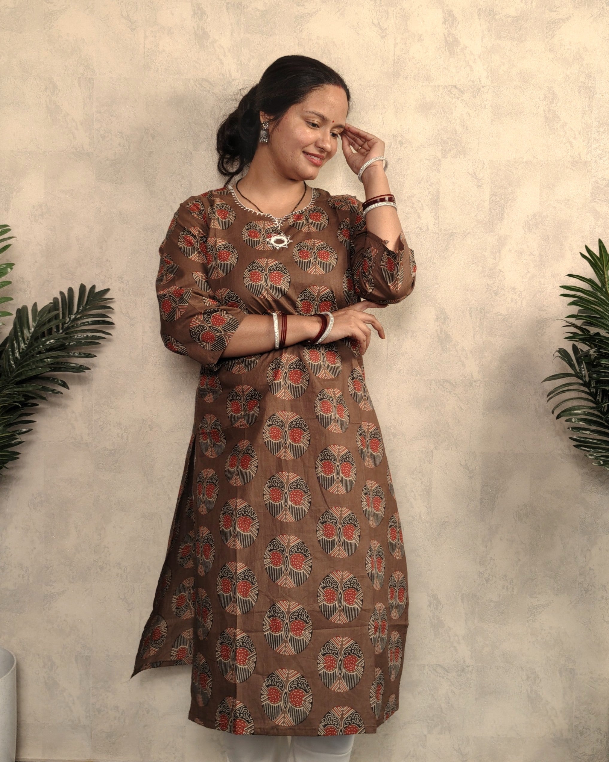 Walnut Brown Tree of Life Ajrakh Block Print Cotton Straight Kurta