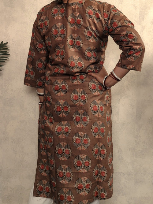 Walnut Brown Tree of Life Ajrakh Block Print Cotton Straight Kurta