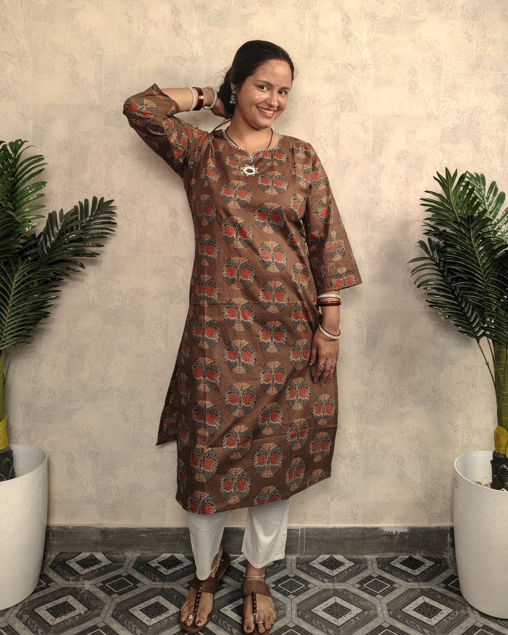 Walnut Brown Tree of Life Ajrakh Block Print Cotton Straight Kurta