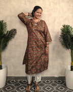 Walnut Brown Tree of Life Ajrakh Block Print Cotton Straight Kurta