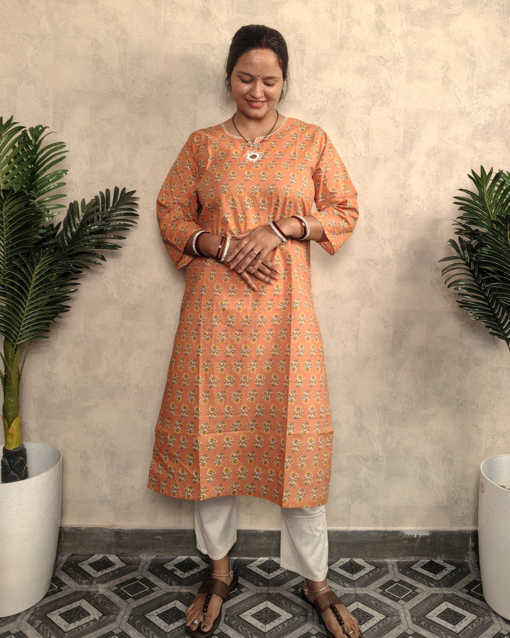 Peach Floral Booti Block Print Cotton Straight Kurta