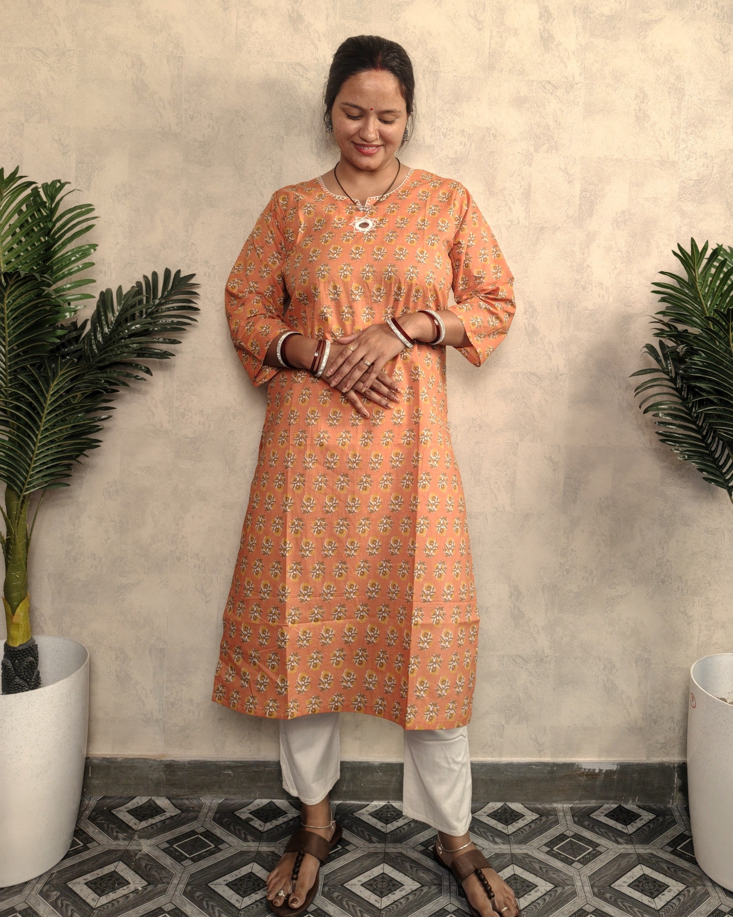 Peach Floral Booti Block Print Cotton Straight Kurta