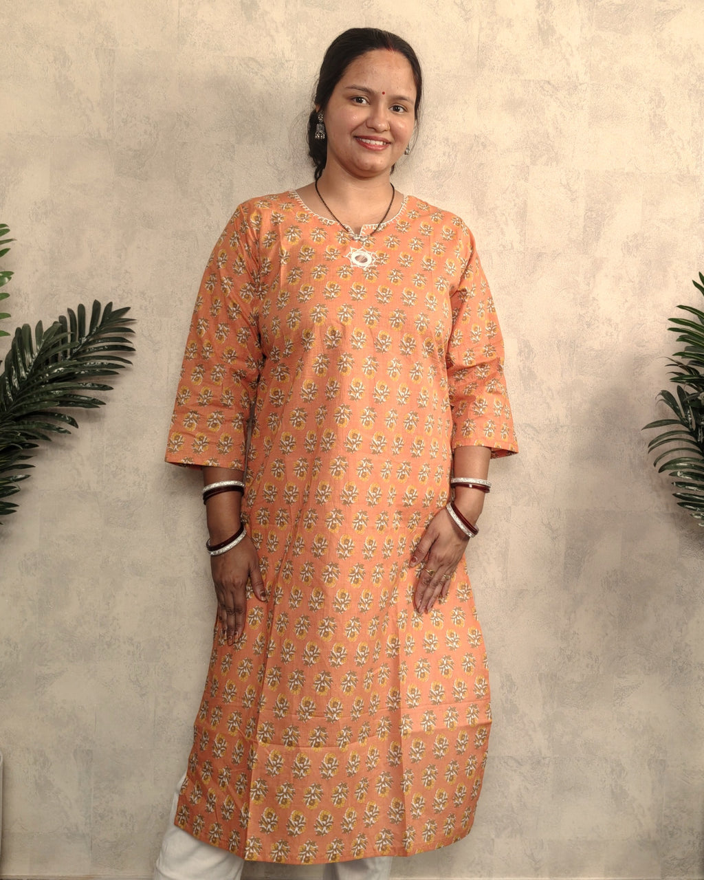 Peach Floral Booti Block Print Cotton Straight Kurta