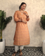 Peach Floral Booti Block Print Cotton Straight Kurta