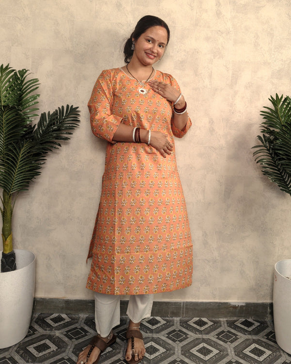 Peach Floral Booti Block Print Cotton Straight Kurta