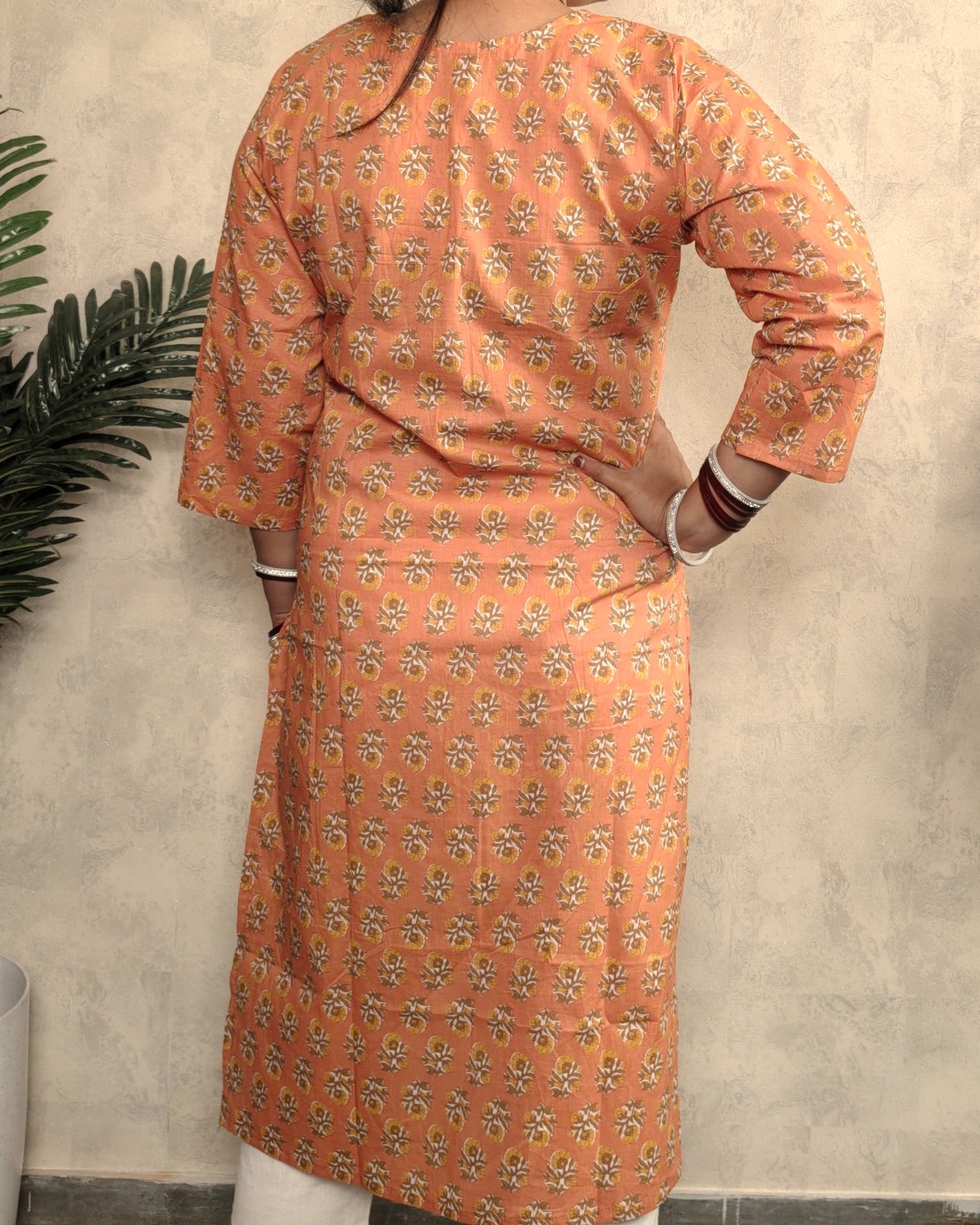 Peach Floral Booti Block Print Cotton Straight Kurta