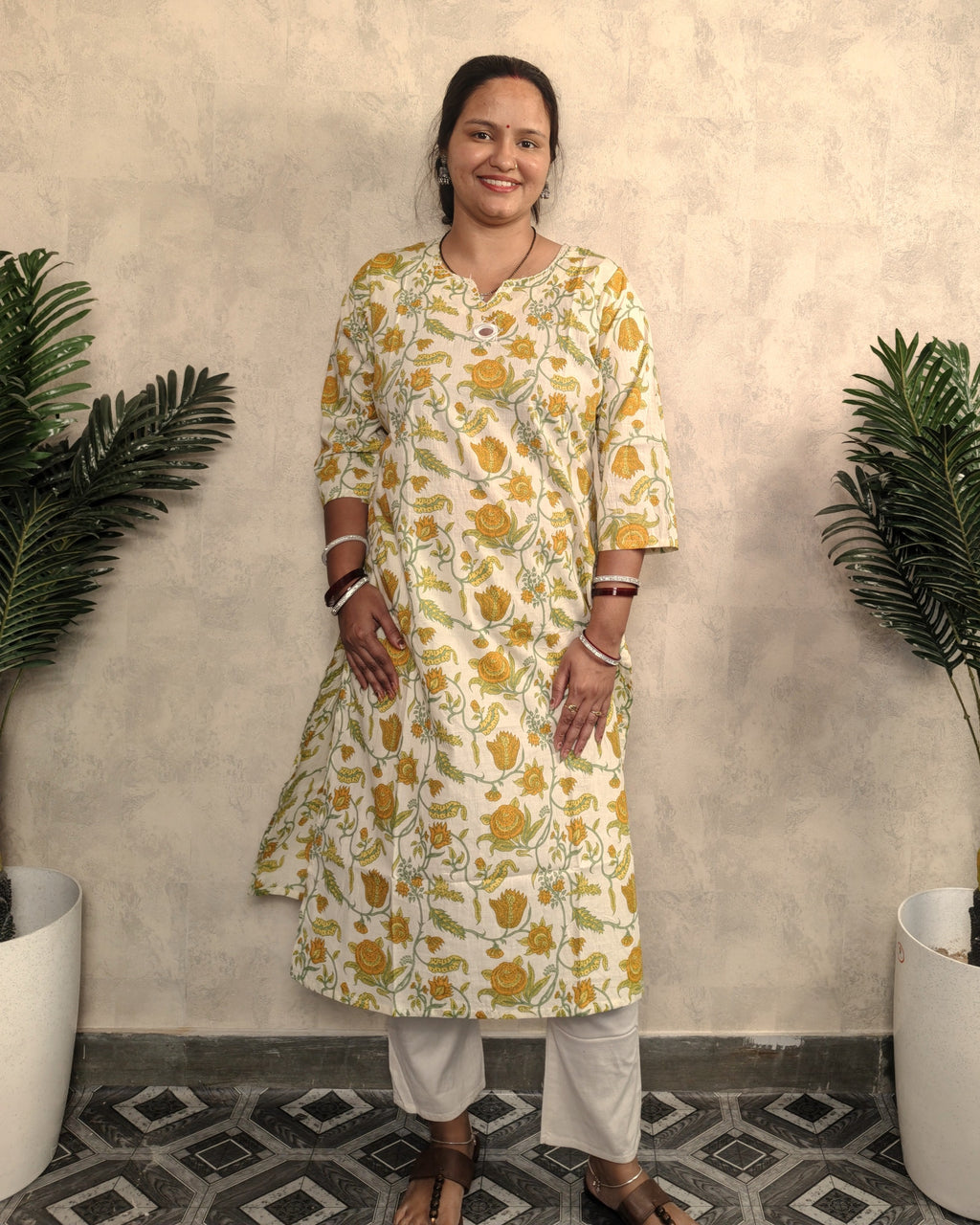 Cream Golden Tulip Jaal Block Print Cotton Straight Kurta