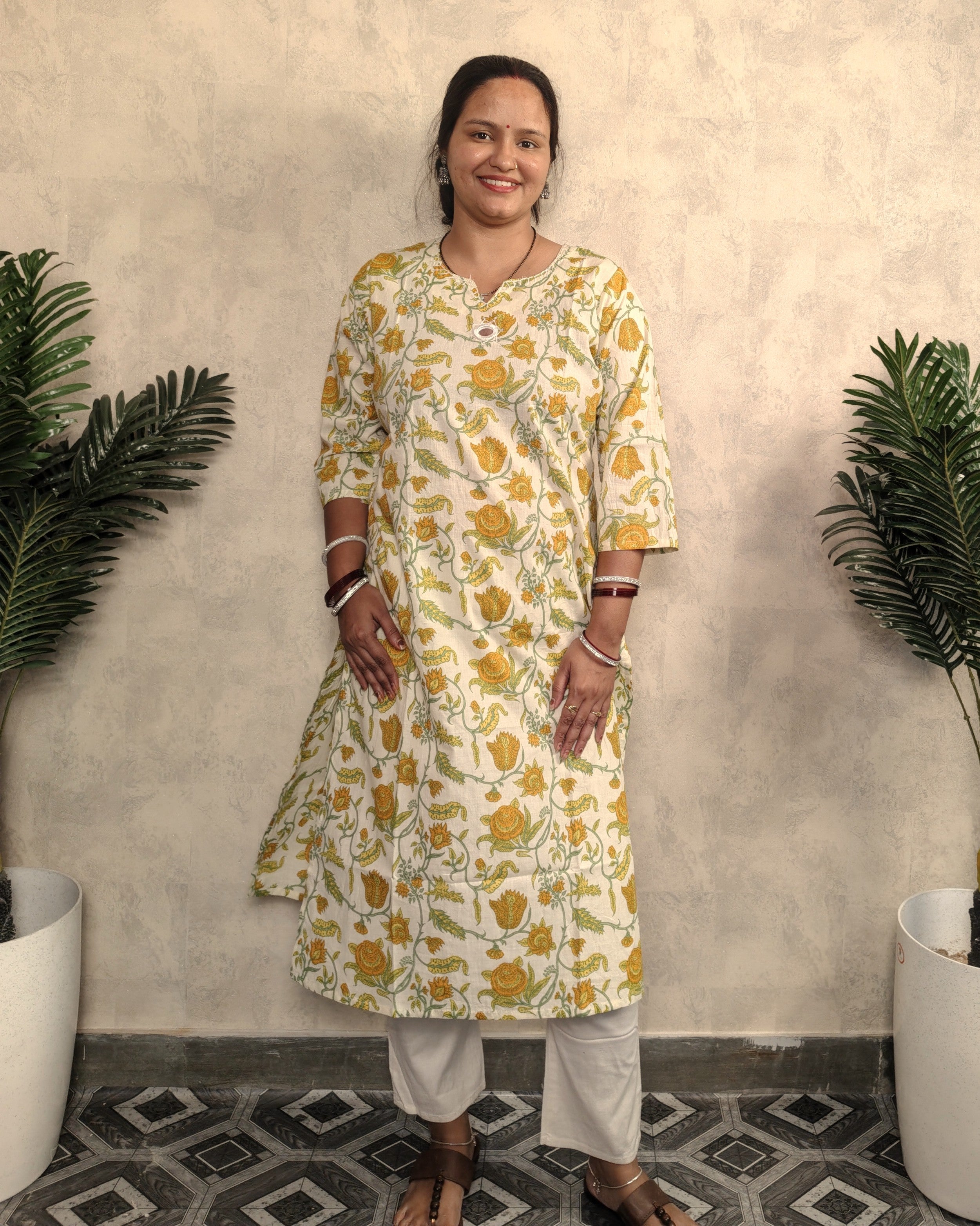 Cream Golden Tulip Jaal Block Print Cotton Straight Kurta