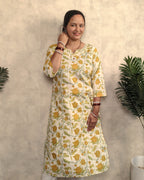 Cream Golden Tulip Jaal Block Print Cotton Straight Kurta
