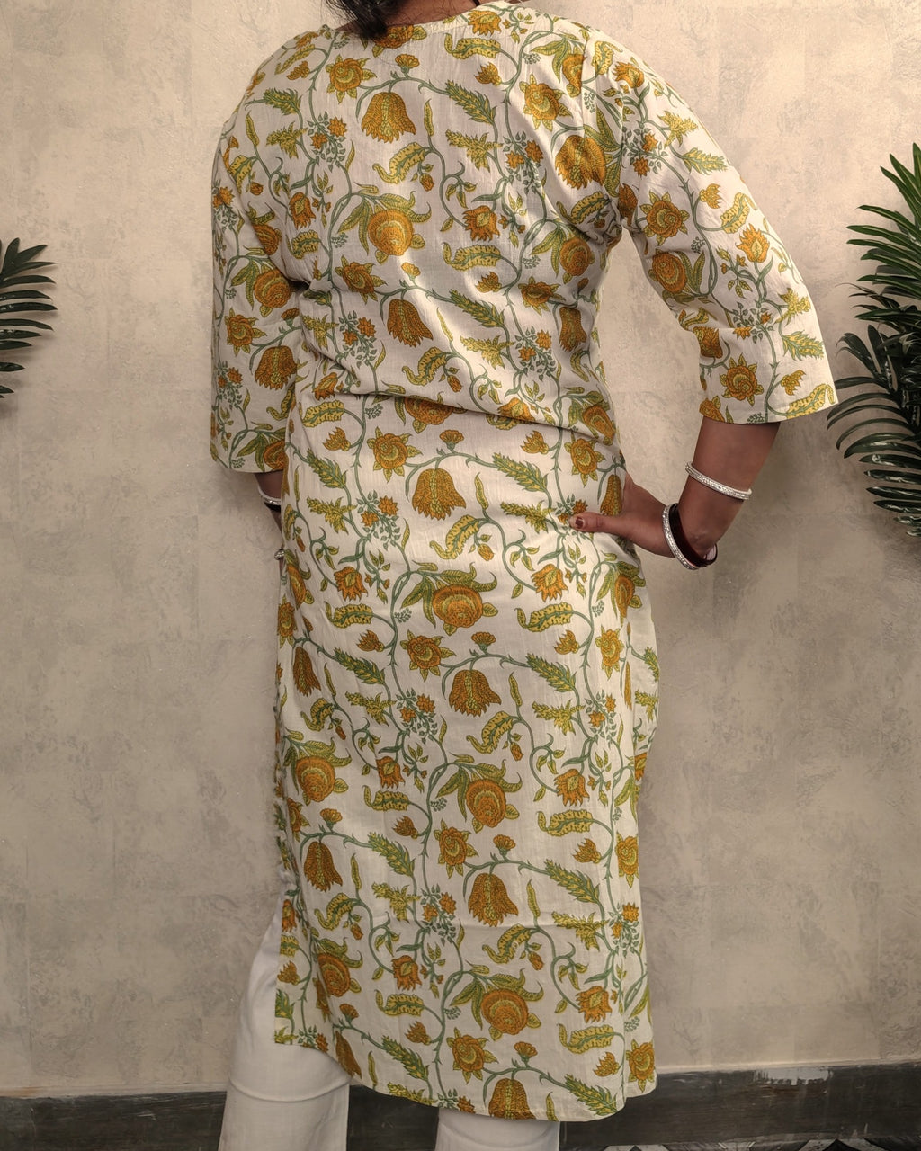 Cream Golden Tulip Jaal Block Print Cotton Straight Kurta