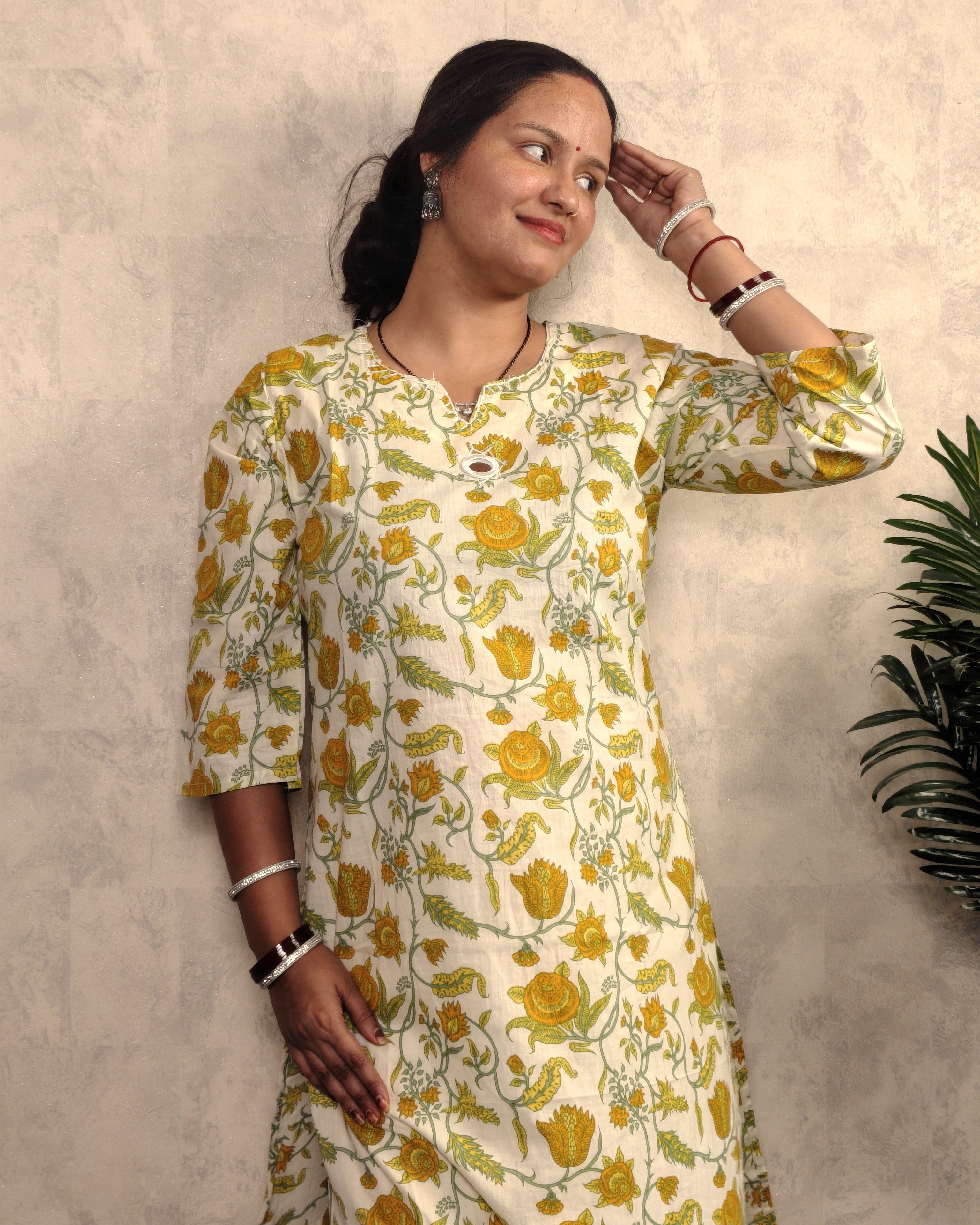 Cream Golden Tulip Jaal Block Print Cotton Straight Kurta